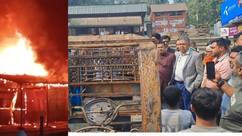 ভোর রাতের আগুনে পুড়েছে ৩ দোকানসহ ১২ অটোরিকশা, ৫০ লাখ টাকার ক্ষতি।
